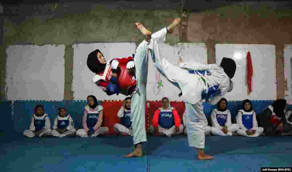 Afghan girls practice tae kwon do during a martial-arts class in Herat. For nearly two decades during Taliban rule in Afghanistan, sports and games including boxing, soccer, volleyball, kite flying, and chess had been banned as immoral and unlawful. (epa-EFE/Jalil Rezayee)​
