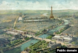 A painting showing the mostly temporary buildings of the Paris Exposition, which was open from spring to autumn in 1900