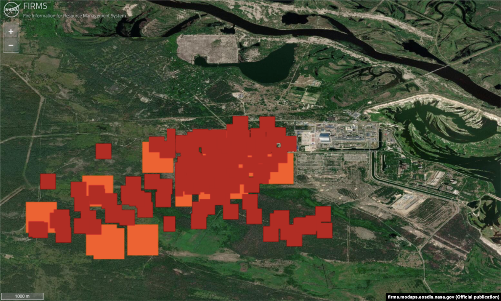 A satellite image from NASA&#39;s Fire Information for Resource Management System (FIRMS) shows the area of fire nearby Chernobyl. The Chernobyl power plant sarcophagus is seen as a silver rectangular object on the left of the map. Red and orange squares indicate the location of fires on April 13.&nbsp;​