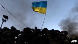 An antigovernment protester waves a Ukrainian flag behind a roadblock in Kyiv on January 27.