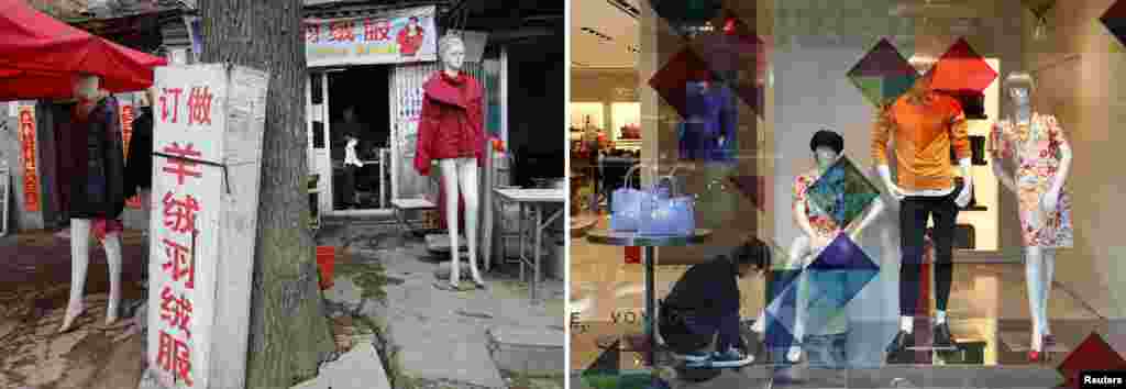 Cheap clothes on display in a neighborhood housing migrant workers. At a shopping mall selling luxury foreign goods, a clerk puts shoes on a mannequin. 