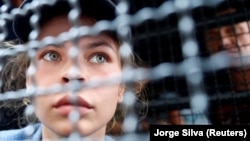 Belarusian model Anastasia Vashukevich, aka Nastya Rybka, is pictured at an immigration detention center before being deported from Bangkok on January 17. 