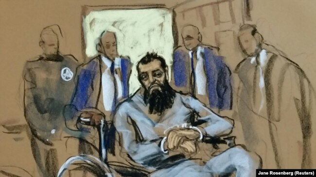 Предполагаемый исполнитель нападения в Нью-Йорке Сайфулло Саипов в суде. Рисунок из зала суда. 1 ноября 2017 года.