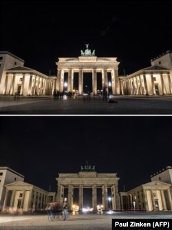 دروازه براندنبورگ برلین پیش و پس از اجرای «ساعت زمین»