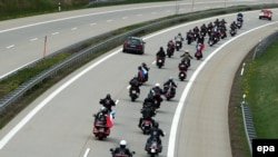 Germany -- Members and sympathizers of the Russian motorcycle club 'Night Wolves' drive on the federal motorway A17 passing the German-Czech border crossing near Breitenau, May 7, 2015