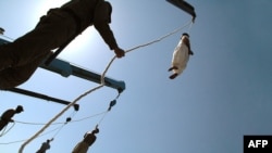 Iranian criminals hang limply from the nooses during public execution. File photo