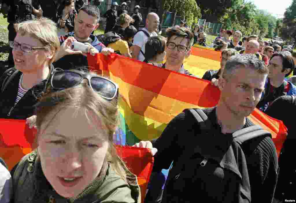 Around 50 gay-rights activists took part in the march across Kyiv.