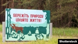 Український природоохоронний плакат біля лісу на околицях Кремінної, архівне фото
