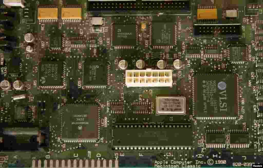 The motherboard of an Apple Macintosh Classic computer.