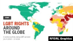 Карта мира, на которой разными цветами показана степень уважения прав геев