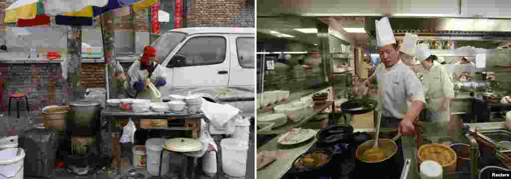 A cook makes noodles at a street stall in a crumbling neighborhood, while a chef cooks a meal inside a shopping mall in a wealthy district of Beijing. 