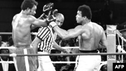 Le champion du monde de boxe des poids lourds américain George Foreman (G) et son compatriote Mohamed Ali (Cassius Clay) (D) combattent à Kinshasa, le 30 octobre 1974, lors du match à l'issu duquel Mohamed Ali, reprenant l'offensive, regagnera son titre d