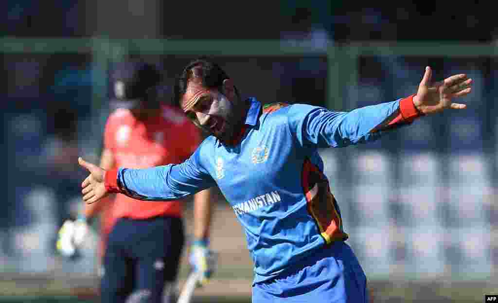 Afghanistan's Samiullah Shinwari celebrates the wicket of England's Jos Buttler at the Feroz Shah Kolta Cricket Stadium in New Delhi on March 23.