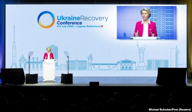 European Commission President Ursula von der Leyen speaks during the Ukraine Recovery Conference in Lugano, Switzerland, in July. New Marshall Plan