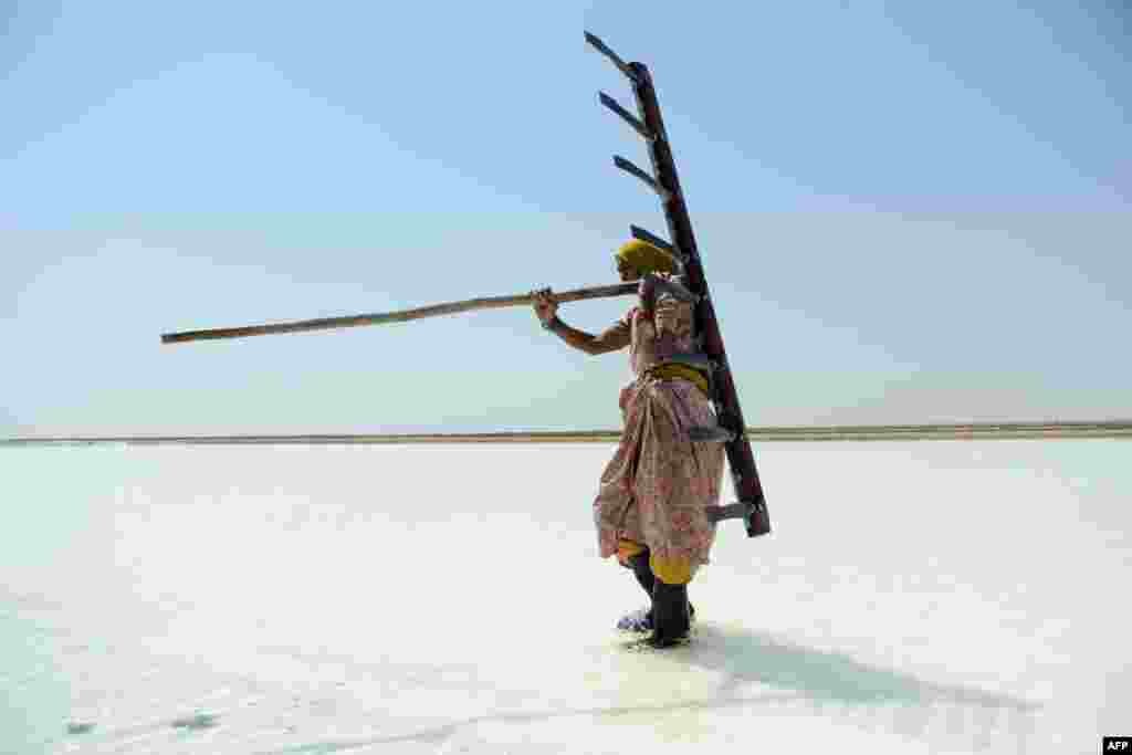 Salt worker Walbai Ayyubbhai, 70, carries a rake at a salt pan in the Santalpur region of India. (AFP/Sam Panthaky)