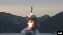 North Korea - FILE - An undated photo released on 24 April 2016 by North Korean Central News Agency (KCNA) shows an 'underwater test-fire of strategic submarine ballistic missile' conducted at an undisclosed location in North Korea (reissued 05 April 2017