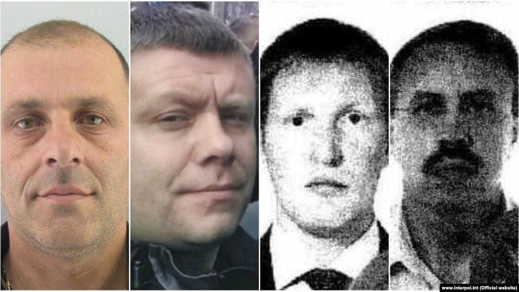 The Interpol images of (from left to right) Predrag Bogicevic, Nemanja Ristic, Vladimir Popov, and Eduard Shirokov -- suspects in the assassination attempt and coup in Montenegro in 2016