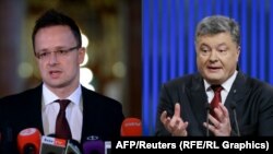 Hungarian Foreign Minister Peter Szijjarto (left) has said that the consequences for Kyiv would be "painful" after Ukrainian President Petro Poroshenko (right) signed the measure making Ukrainian the required language of study in state schools from fifth grade. 