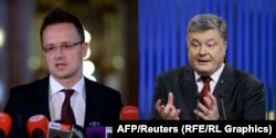 Hungarian Foreign Minister Peter Szijjarto (left) has said that the consequences for Kyiv would be "painful" after Ukrainian President Petro Poroshenko (right) signed the measure making Ukrainian the required language of study in state schools from fifth grade.