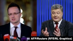 Ministrul de externe Peter Szijjarto și președintele Ucrainei, Petro Poroșenko