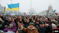 Ukrainians rally on Independence Square during the continuing protest in Kyiv on February 9.