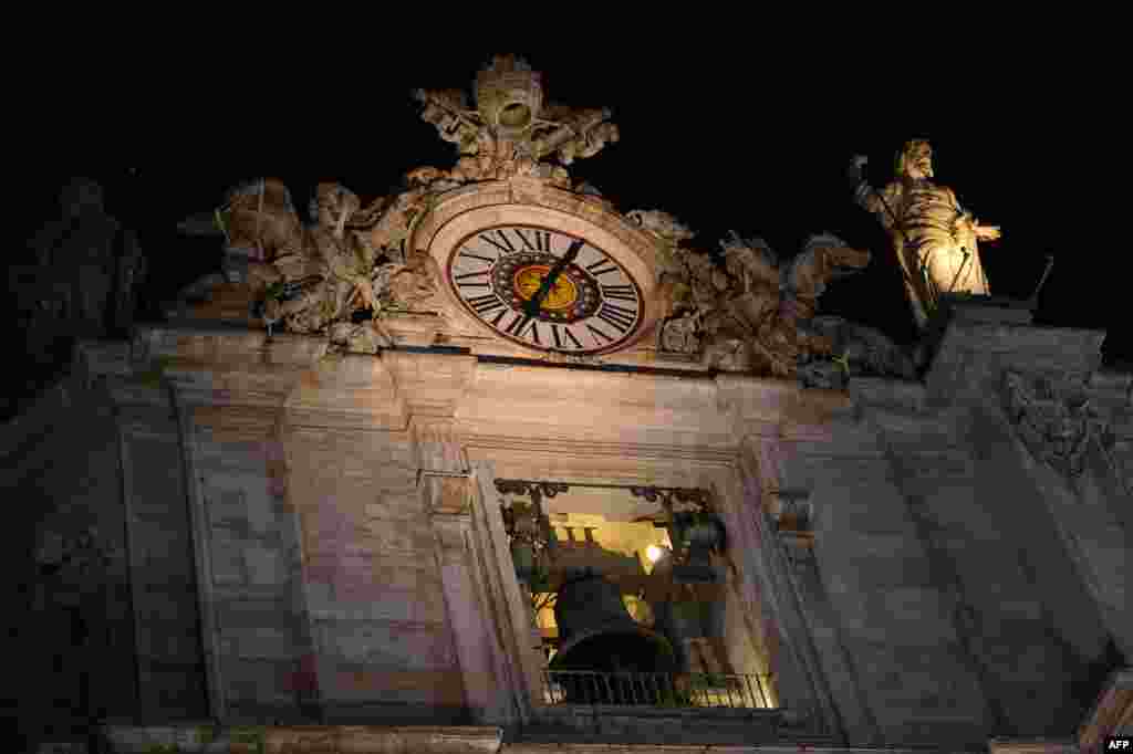 Bells ring at St Peter's Basilica after white smoke billowed from the chimney of the Sistine Chapel announcing that Catholic Church cardinals had elected a new pope.