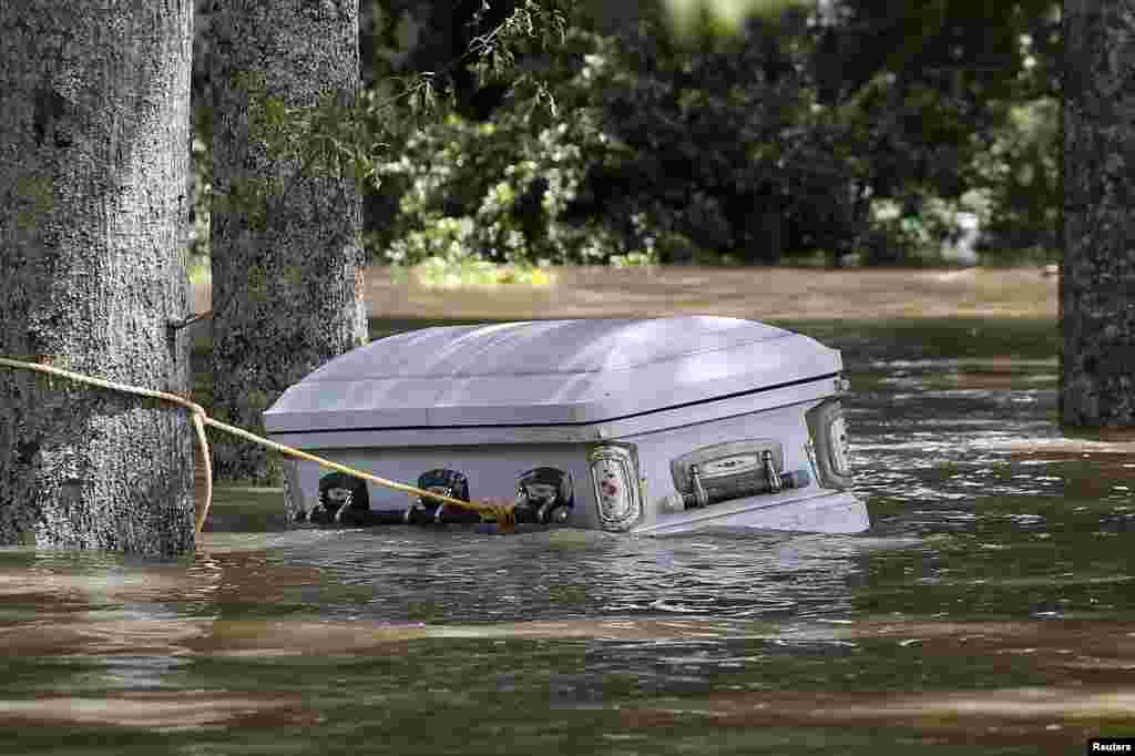 A casket is seen floating in floodwaters in Ascension Parish in the southern U.S. state of Louisiana. At least 40,000 homes have been damaged, 30,000 people have been rescued, and at least 11 people killed in the record flooding. (Reuters/Jonathan Bachman)