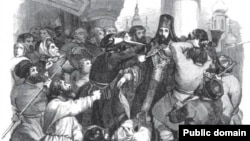 Убийство Амвросия, архиепископа Московского, во время Чумного бунта в 1771 году. С французской гравюры XIX века