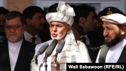 Afghan President Ashraf Ghani (C) speaking during the Eid al-Adha prayer ceremony at the presidential palace on September 1.