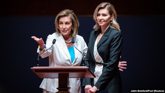 U.S. House Speaker Nancy Pelosi (left) and Ukrainian first lady Olena Zelenska attend a meeting with members of Congress on Capitol Hill in Washington, D.C., on July 20.