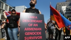 Demonstrators rally outside the Turkish Consulate in Los Angeles, California in April 2018.