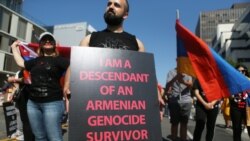U.S. -- Demonstrators commemorating the 103rd anniversary of the Armenian genocide rally outside the Turkish Consulate in Los Angeles. April 24, 2018.