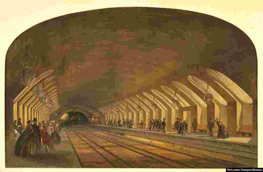 An undated lithograph of Baker Street Station...