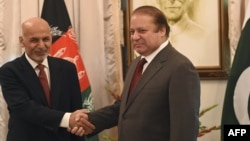 Afghan President Ashraf Ghani (L) and Pakistani Prime Minister Nawaz Sharif shake hands in November 2014.