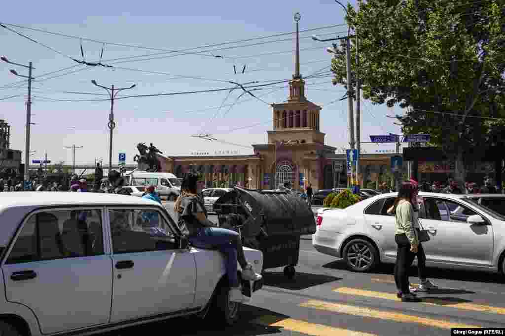 Protesters blockade roads outside Yerevan's main railway station.