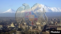 Armenia - A picture of the Armenian coat of arms against the background of Yerevan and Mount Ararat, 5Jul2011.