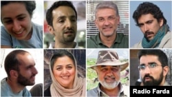 Iranian Environment activists who have been jailed (from top-left clockwise): Niloufar Bayani, Abdolreza Kouhpayeh, Houman Jowkar, Amir Hossein Khaleghi, Taher Ghadirian, Morad Tahbaz, Sepideh Kashani, and Sam Rajabi.