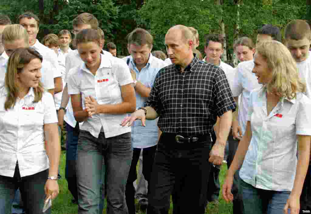 Political Camp - To Nashi members, the preferred leader for Russia is Putin, shown here speaking to camp participants in 2006. Whoever succeeds him as president is expected to pick up where he left off.