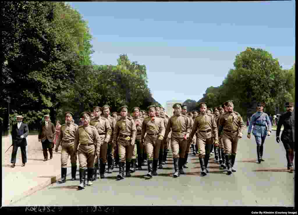 Members of the Russian Expeditionary Force march in Paris in 1916. The men were part of a brigade sent to assist France in its fight on the Western Front in World War I. Many of the soldiers would later mutiny as word spread of the Bolshevik Revolution at home in Russia.&nbsp;