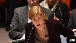 Американский постоянный представитель в ООН Саманта Пауэр выступает на заседании Совета Безопасности 2 мая 2014 года.