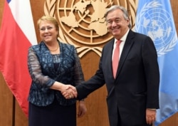 Встреча генерального секретаря ООН Антониу Гутерриша и Мишель Бачелет, когда она была еще президентом Чили. Нью-Йорк, штаб-квартира ООН, 21 сентября 2017 года
