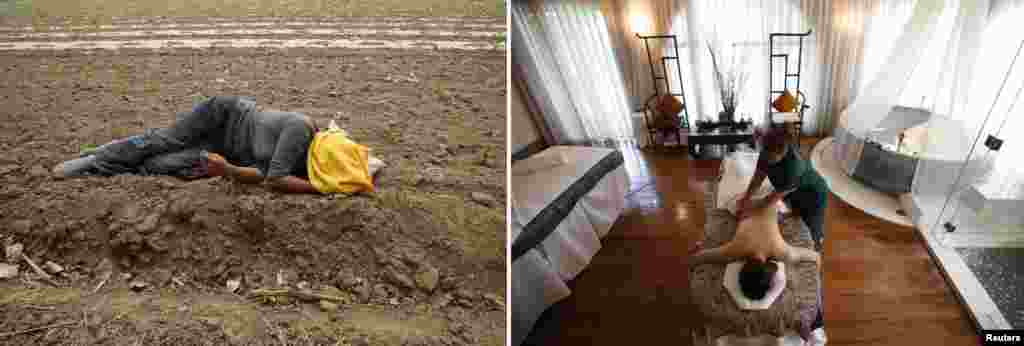 A farm worker takes a nap in a field in Hebei Province, near Beijing, while a woman receives a massage at a Beijing spa. China has witnessed a growing disparity between the prosperous cities and the impoverished countryside since the early 1990s, while lower-income city residents have been left out of a property boom that has enriched many.