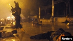 Georgian police detain protesters during the clashes in Tbilisi on May 26.