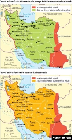British travel advice map for Iran. April 11, 2019