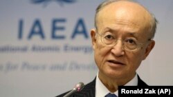 IAEA Director-General Yukiya Amano after a meeting of the IAEA board of governors at the International Center in Vienna on November 22.