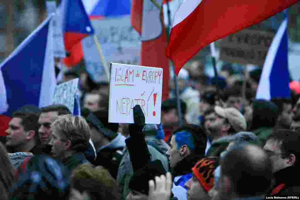 Czech Republic -- Anti-Islam demonstrators hold banners and Czech flags during a protest in Prague on January 16, 2015