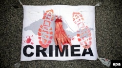 Transparent sa plastičnom rukom kojim demonstranti poručuju da Putin nije dobrodošao u Austriju, 24. juni 2014.
