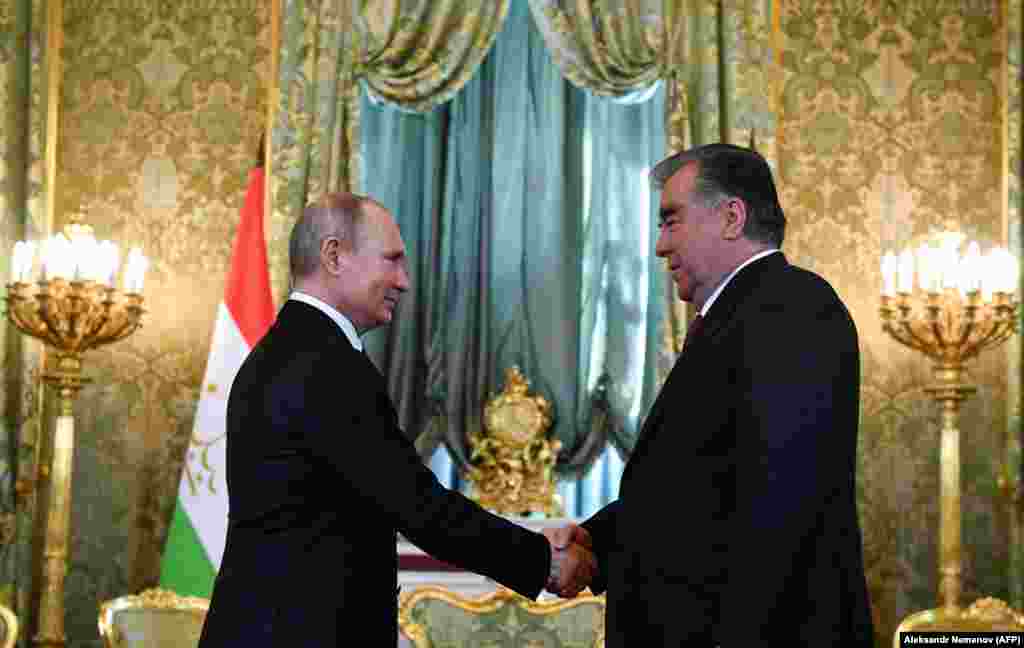 RUSSIA -- Russian President Vladimir Putin meets with his Tajik counterpart Emomali Rahmon at the Kremlin in Moscow, April 17, 2019