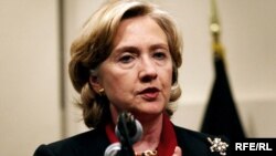 Hillary Clinton during a press conference at the US embassy in Kabul