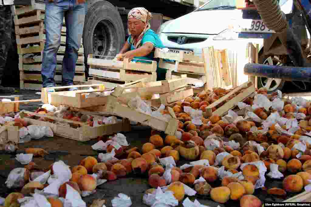 На &quot;Дыйкан&quot; стекается сельхозпродукция со всех областей Кыргызстана. Поставщикам не всегда удается сохранить товарный вид фруктов.